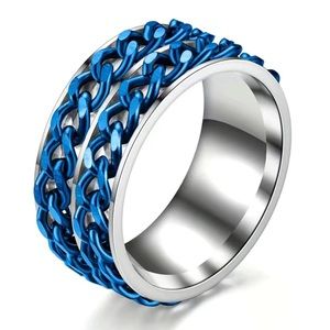 Blue Double Chain Link Spinner Ring | Stainless Steel Silver Band